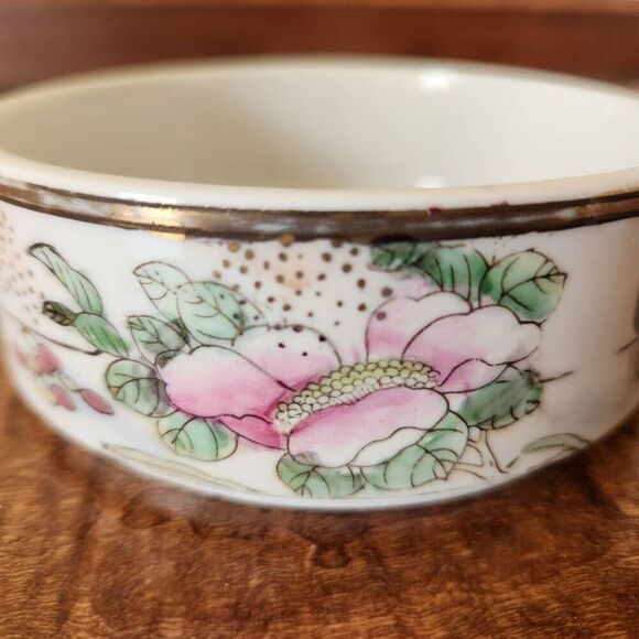 Floral chinoiserie ceramic floral cream catch all wine coaster trinket round dis - Picture 4 of 4